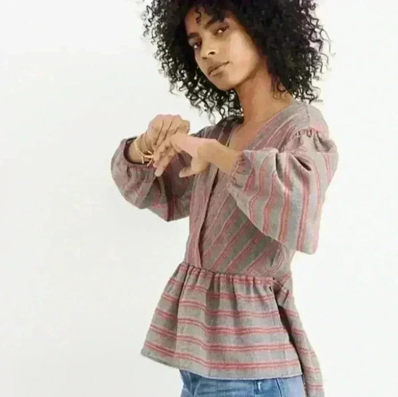 Madewell Womens Gray and Red Striped Bubble-Sleeve Peplum Top M - Picture 1 of 16